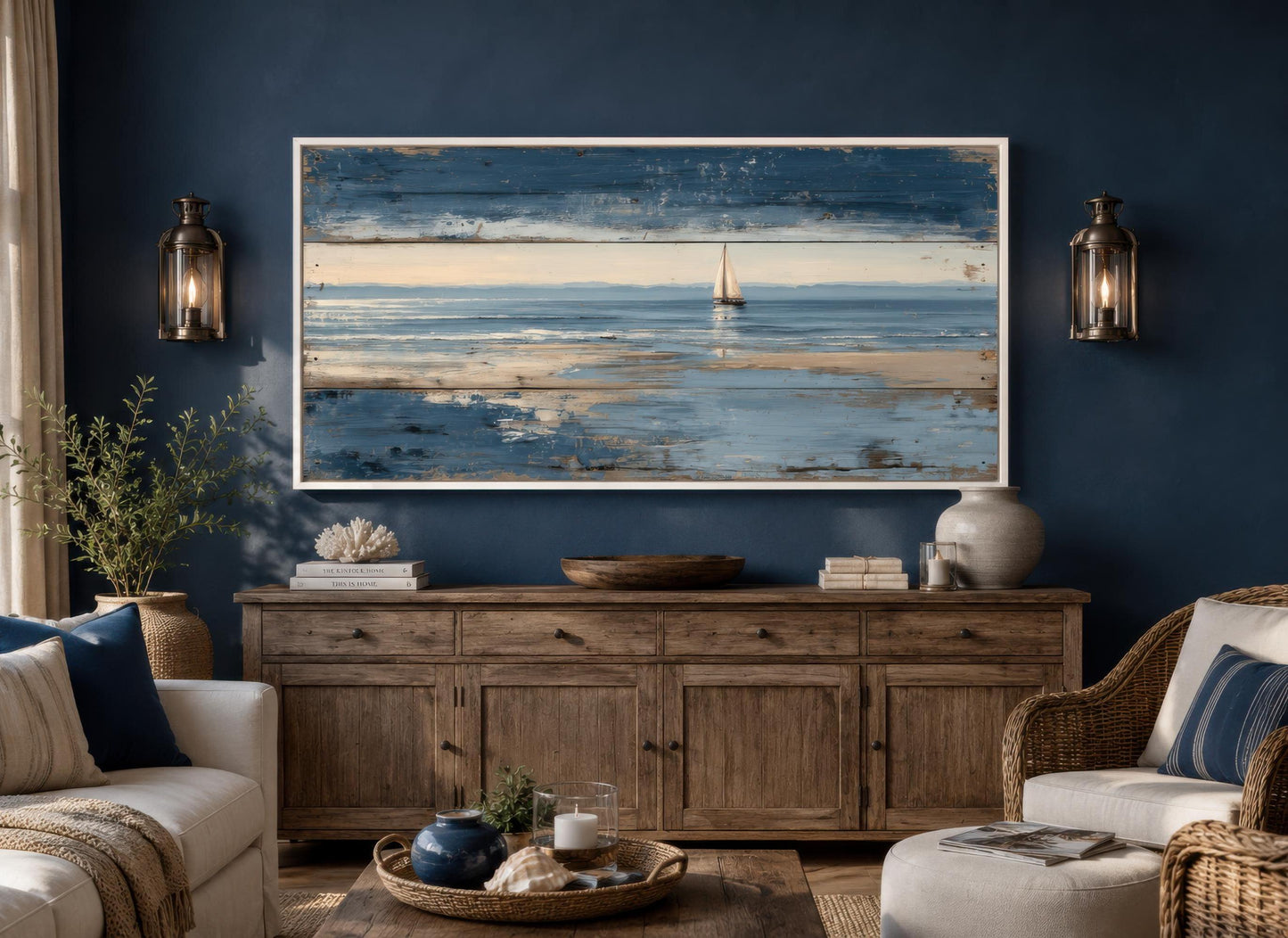 Nautical Wall Art – Lone Sailboat Canvas Print With Distressed Wood Look
