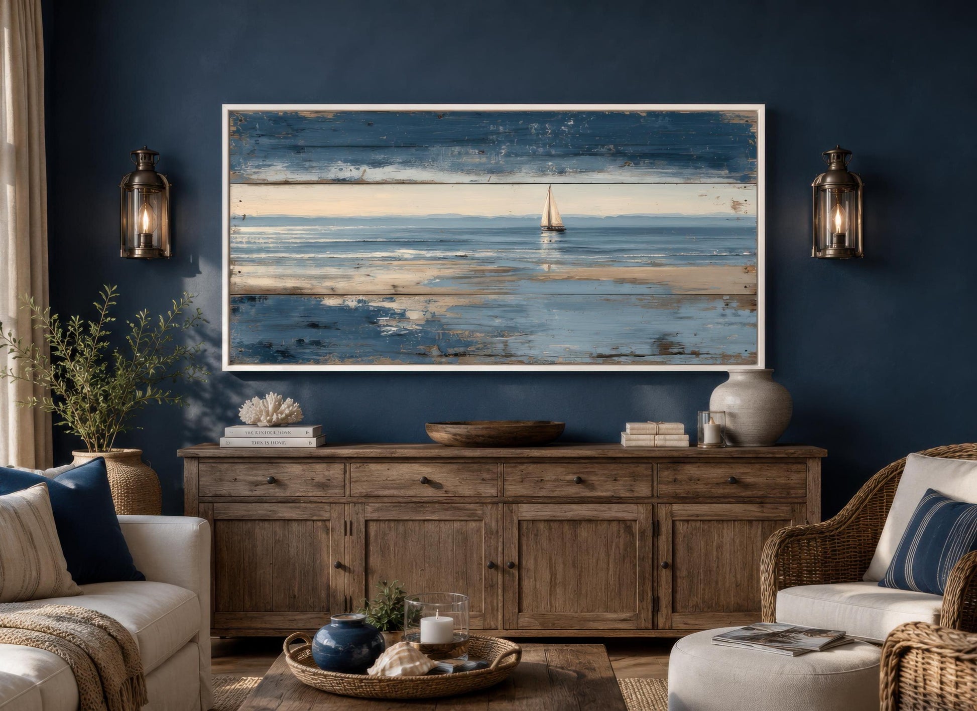Nautical Wall Art – Lone Sailboat Canvas Print With Distressed Wood Look