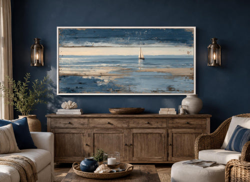 Nautical Wall Art – Lone Sailboat Canvas Print With Distressed Wood Look