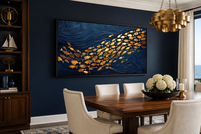 Navy Gold Wall Art – Framed Nautical Ocean Canvas with School of Fish Design