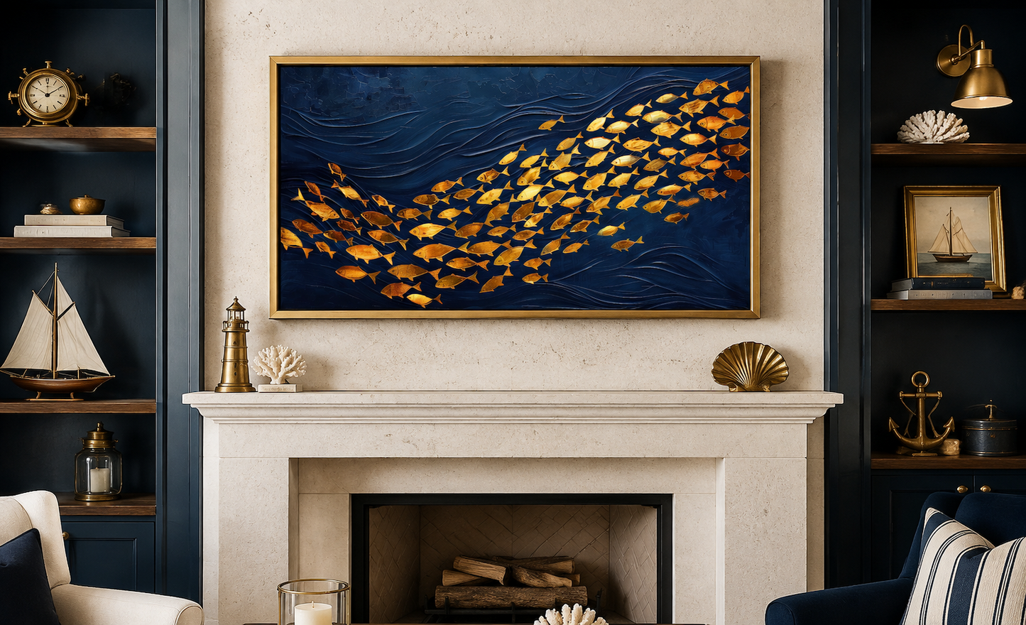 Navy Gold Wall Art – Framed Nautical Ocean Canvas with School of Fish Design