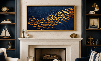 Navy Gold Wall Art – Framed Nautical Ocean Canvas with School of Fish Design