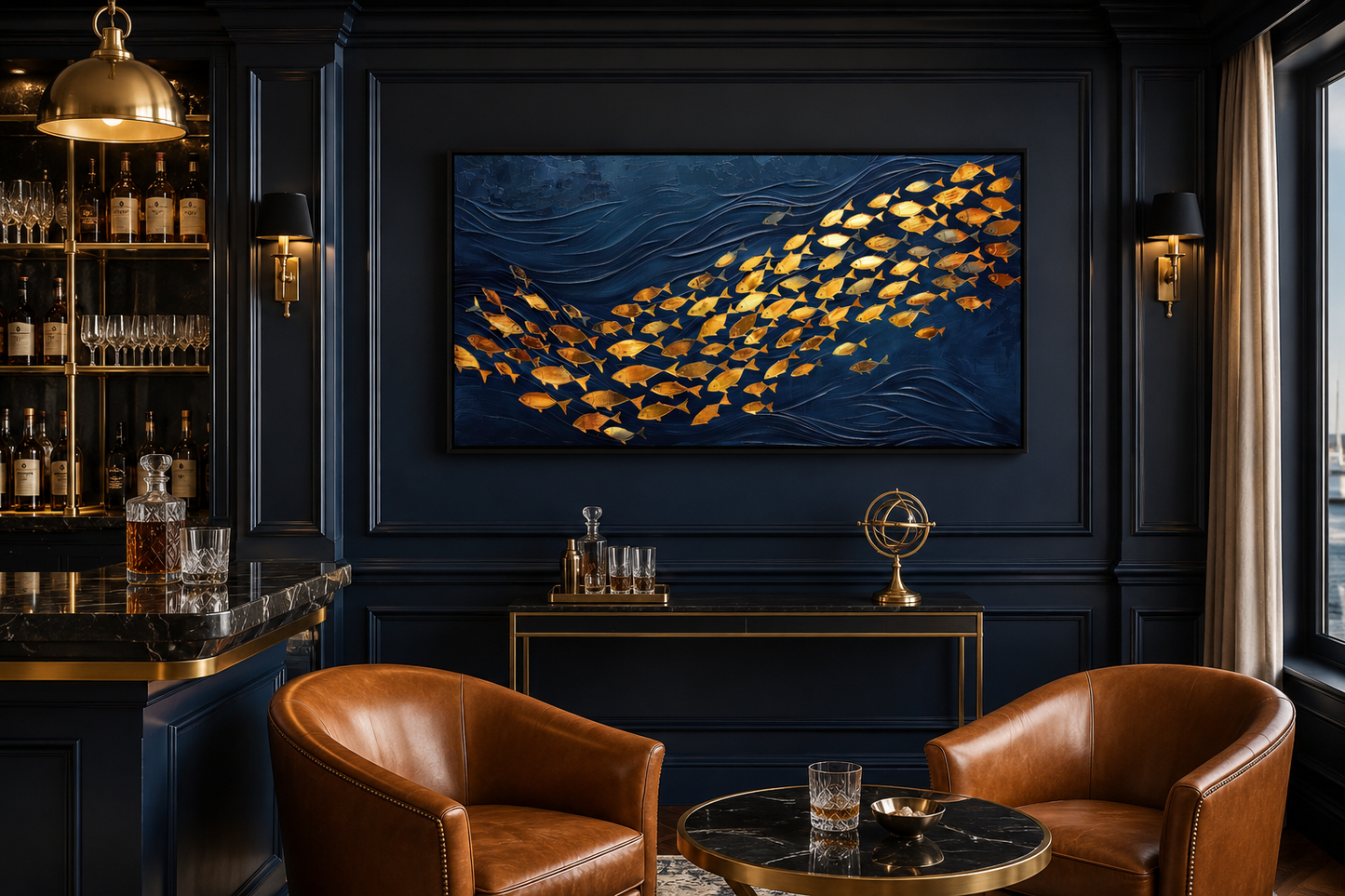 Navy Gold Wall Art – Framed Nautical Ocean Canvas with School of Fish Design