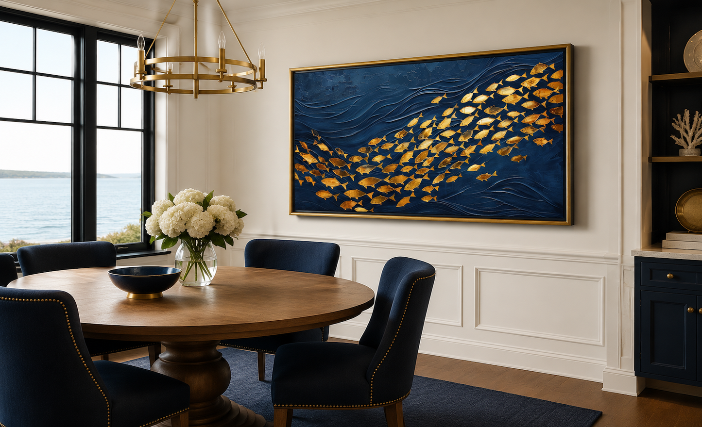 Navy Gold Wall Art – Framed Nautical Ocean Canvas with School of Fish Design