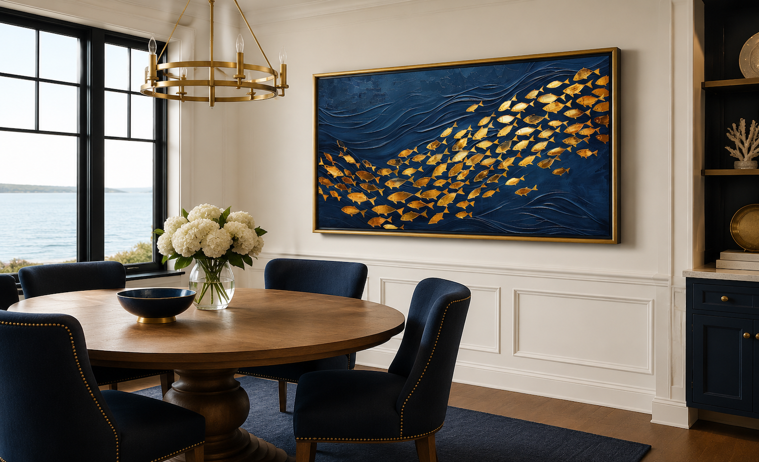 Navy Gold Wall Art – Framed Nautical Ocean Canvas with School of Fish Design