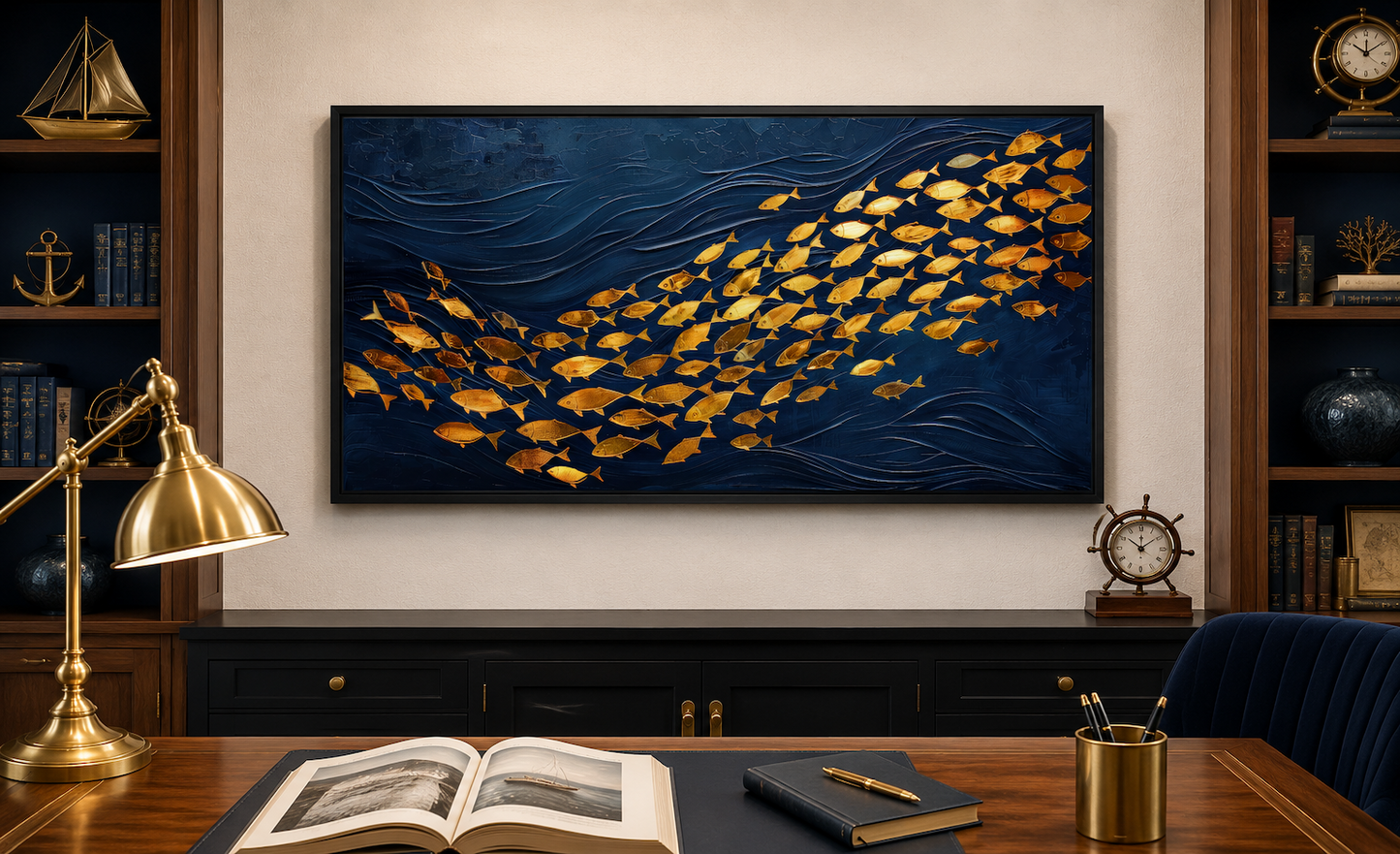 Navy Gold Wall Art – Framed Nautical Ocean Canvas with School of Fish Design
