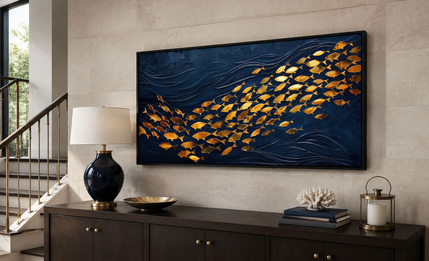 Navy Gold Wall Art – Framed Nautical Ocean Canvas with School of Fish Design