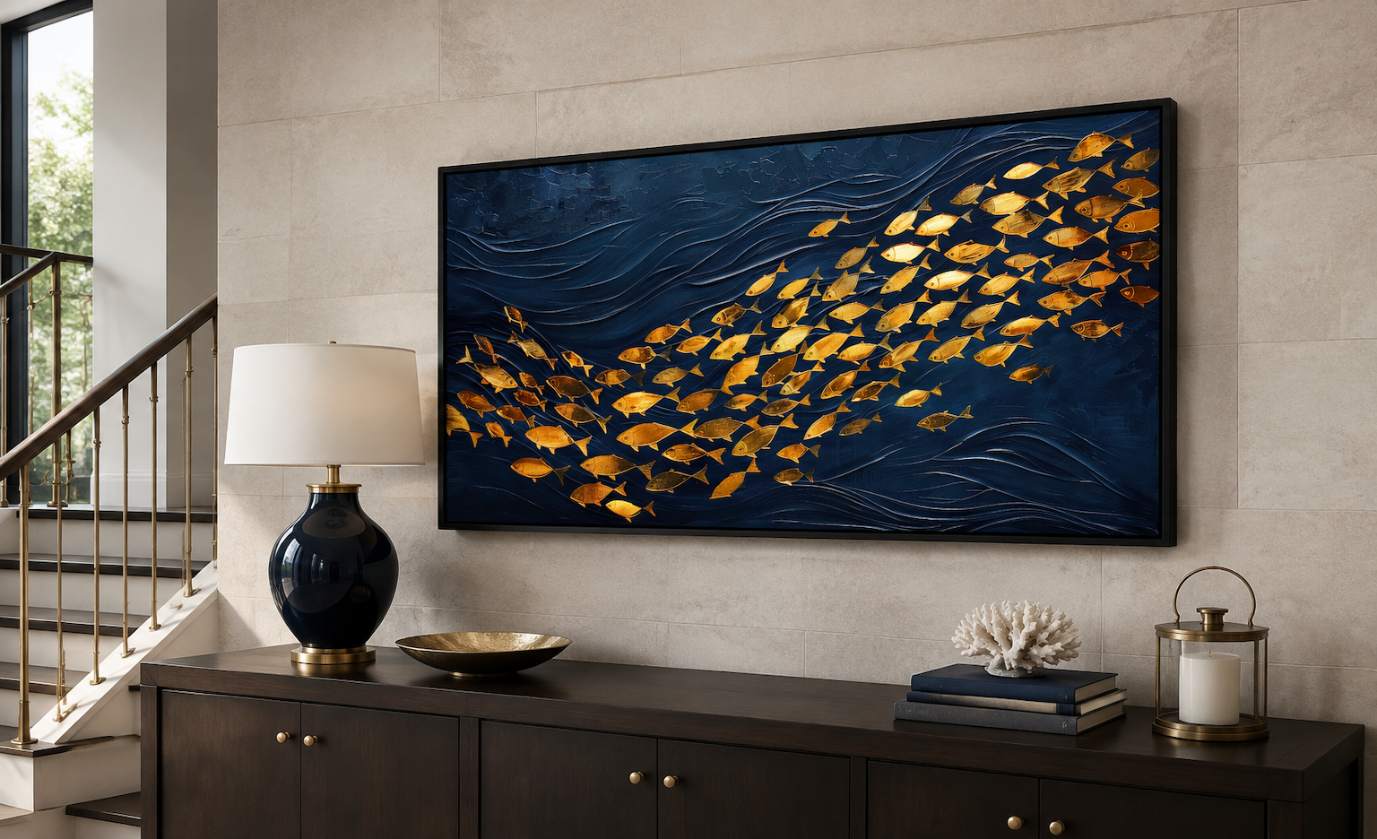 Navy Gold Wall Art – Framed Nautical Ocean Canvas with School of Fish Design