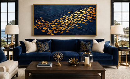 Navy Gold Wall Art – Framed Nautical Ocean Canvas with School of Fish Design