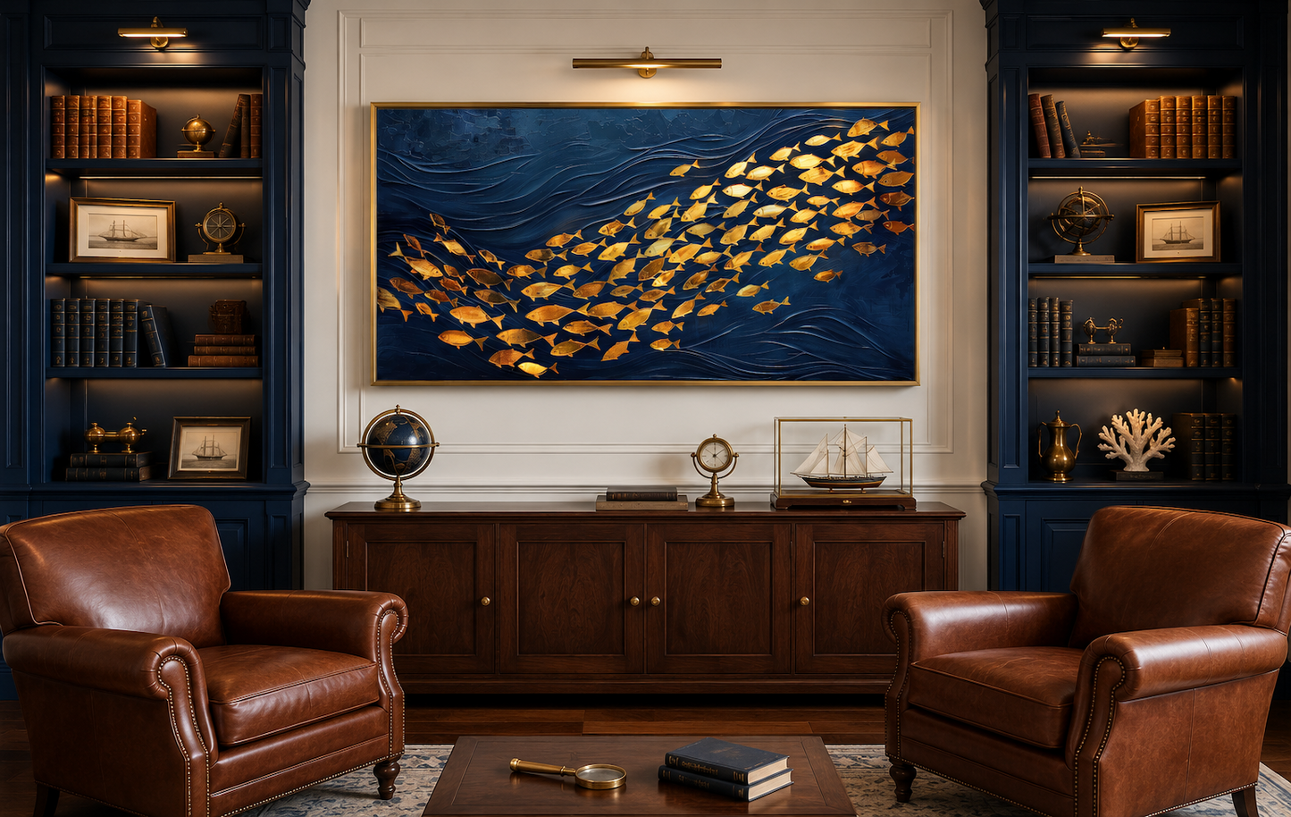 Navy Gold Wall Art – Framed Nautical Ocean Canvas with School of Fish Design
