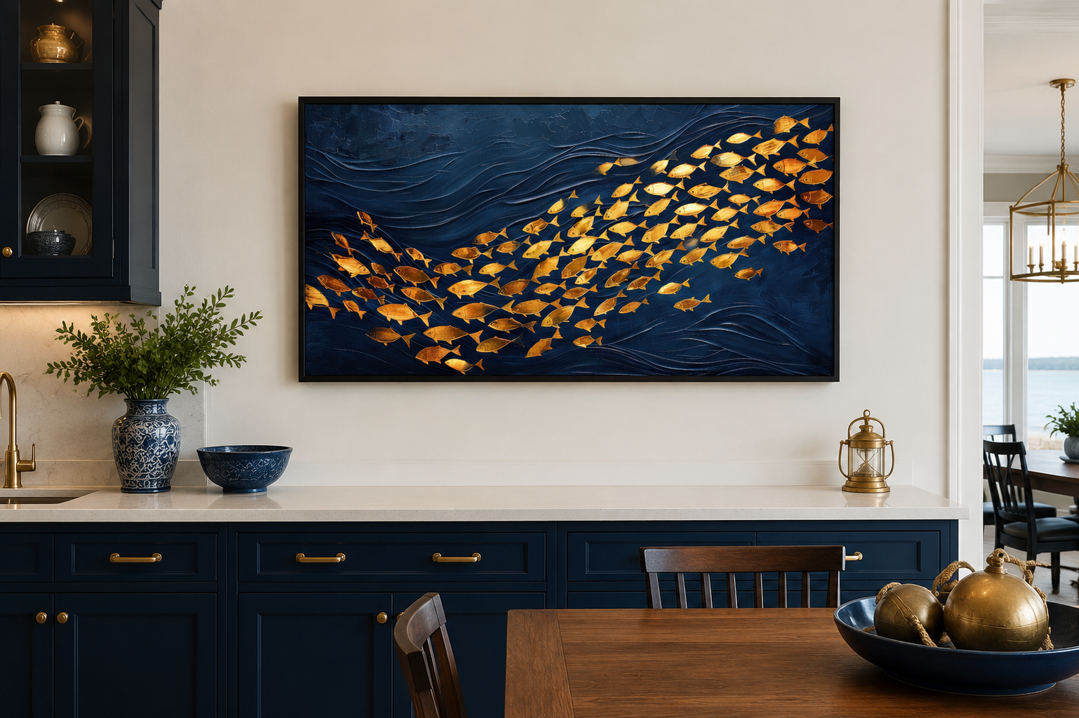 Navy Gold Wall Art – Framed Nautical Ocean Canvas with School of Fish Design