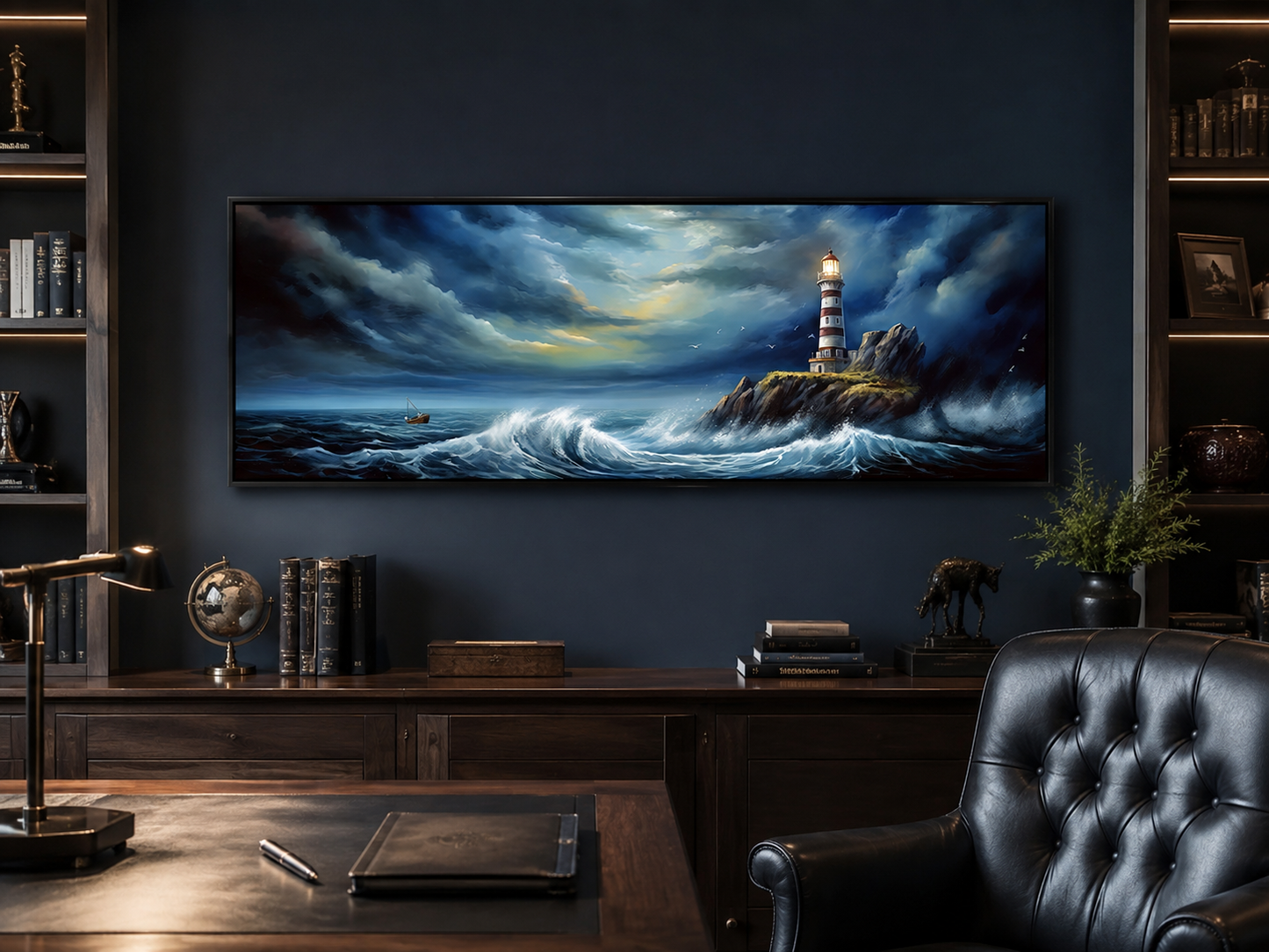 Dramatic Lighthouse In Stormy Ocean Long Horizontal Wall Art