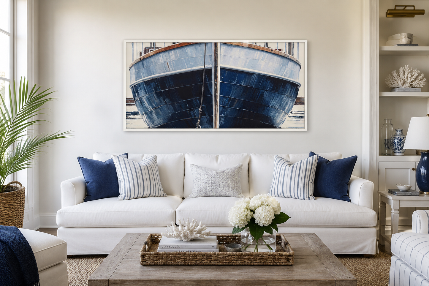 Navy Blue Rustic Boat Painting Nautical Framed Canvas Wall Art For Beach House