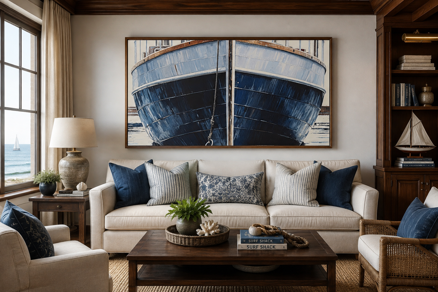 Navy Blue Rustic Boat Painting Nautical Framed Canvas Wall Art For Beach House