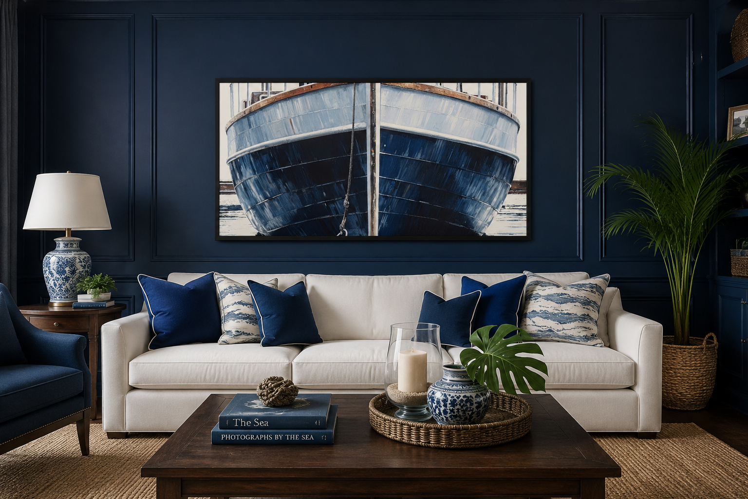 Navy Blue Rustic Boat Painting Nautical Framed Canvas Wall Art For Beach House