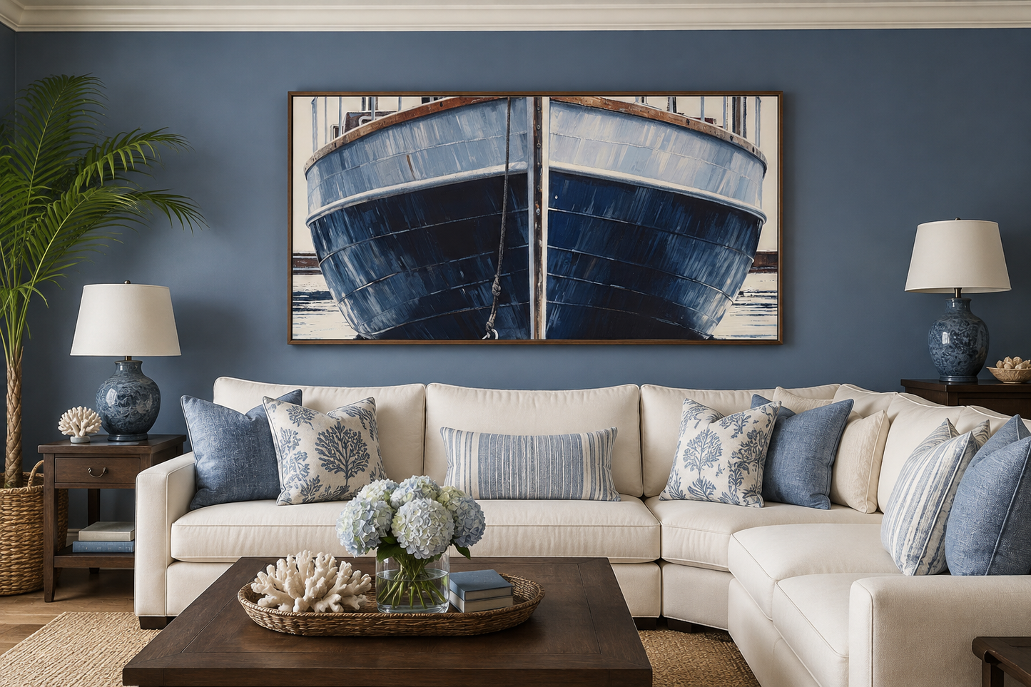 Navy Blue Rustic Boat Painting Nautical Framed Canvas Wall Art For Beach House