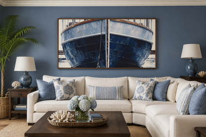 Navy Blue Rustic Boat Painting Nautical Framed Canvas Wall Art For Beach House