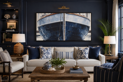 Navy Blue Rustic Boat Painting Nautical Framed Canvas Wall Art For Beach House