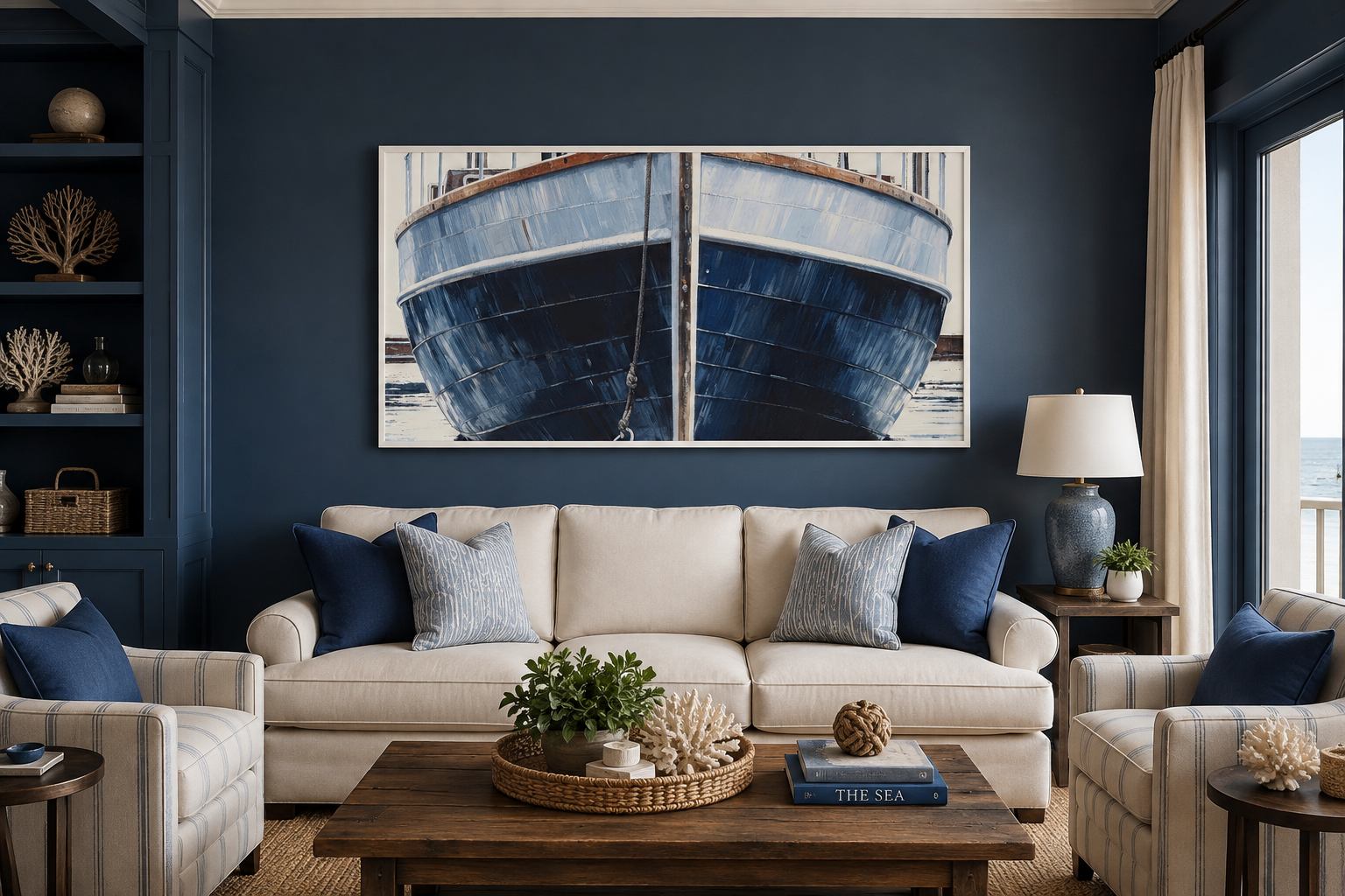 Navy Blue Rustic Boat Painting Nautical Framed Canvas Wall Art For Beach House
