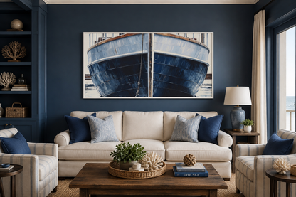 Navy Blue Rustic Boat Painting Nautical Framed Canvas Wall Art For Beach House