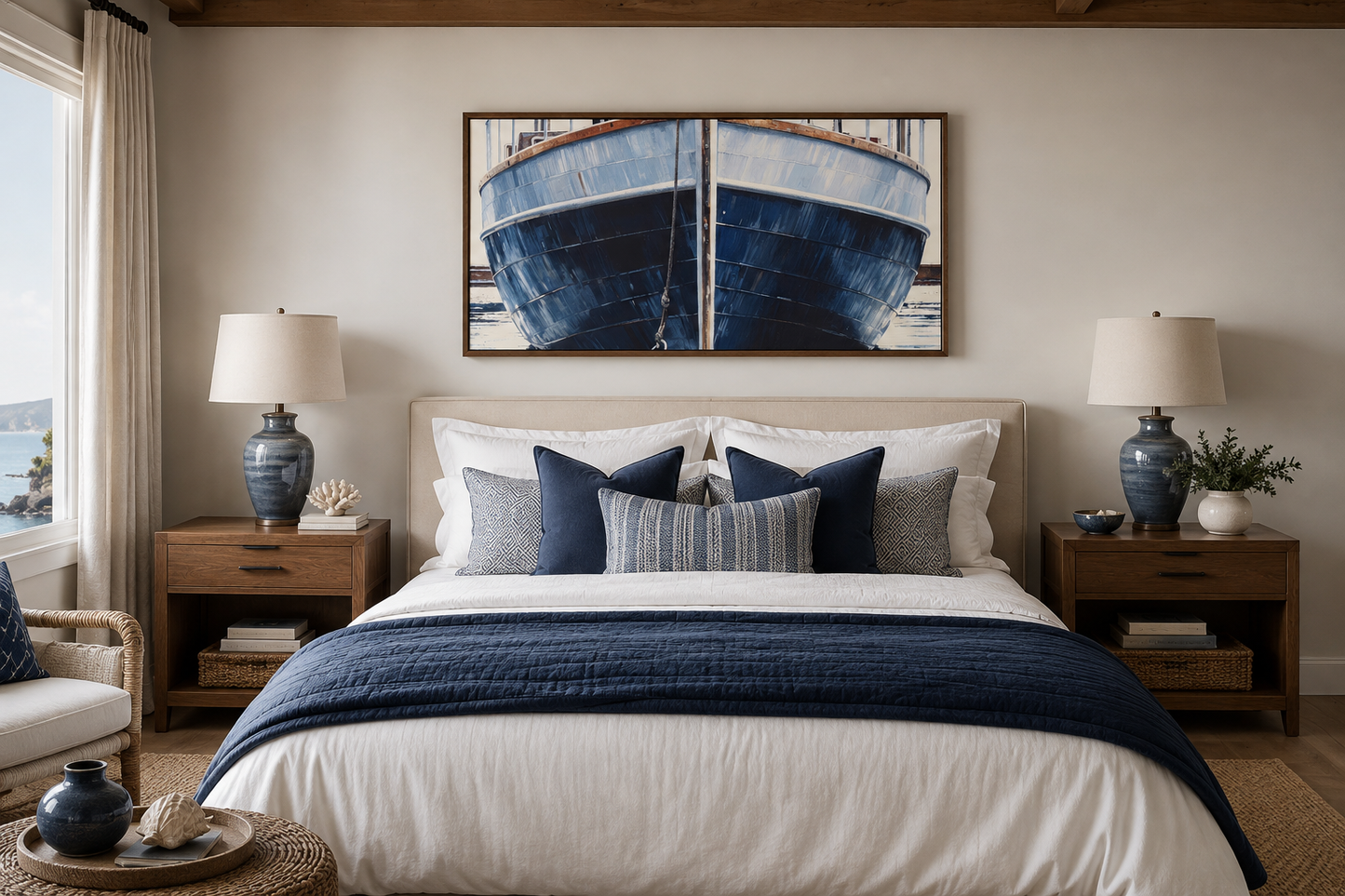 Navy Blue Rustic Boat Painting Nautical Framed Canvas Wall Art For Beach House