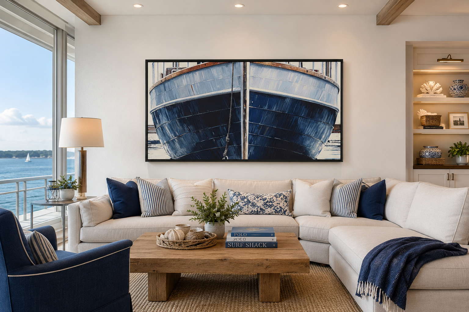 Navy Blue Rustic Boat Painting Nautical Framed Canvas Wall Art For Beach House
