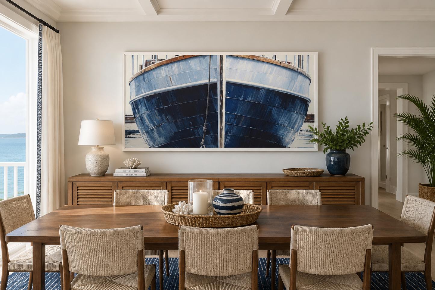 Navy Blue Rustic Boat Painting Nautical Framed Canvas Wall Art For Beach House