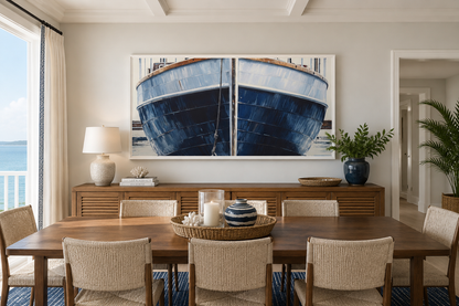 Navy Blue Rustic Boat Painting Nautical Framed Canvas Wall Art For Beach House