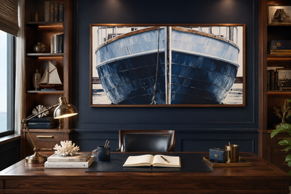 Navy Blue Rustic Boat Painting Nautical Framed Canvas Wall Art For Beach House