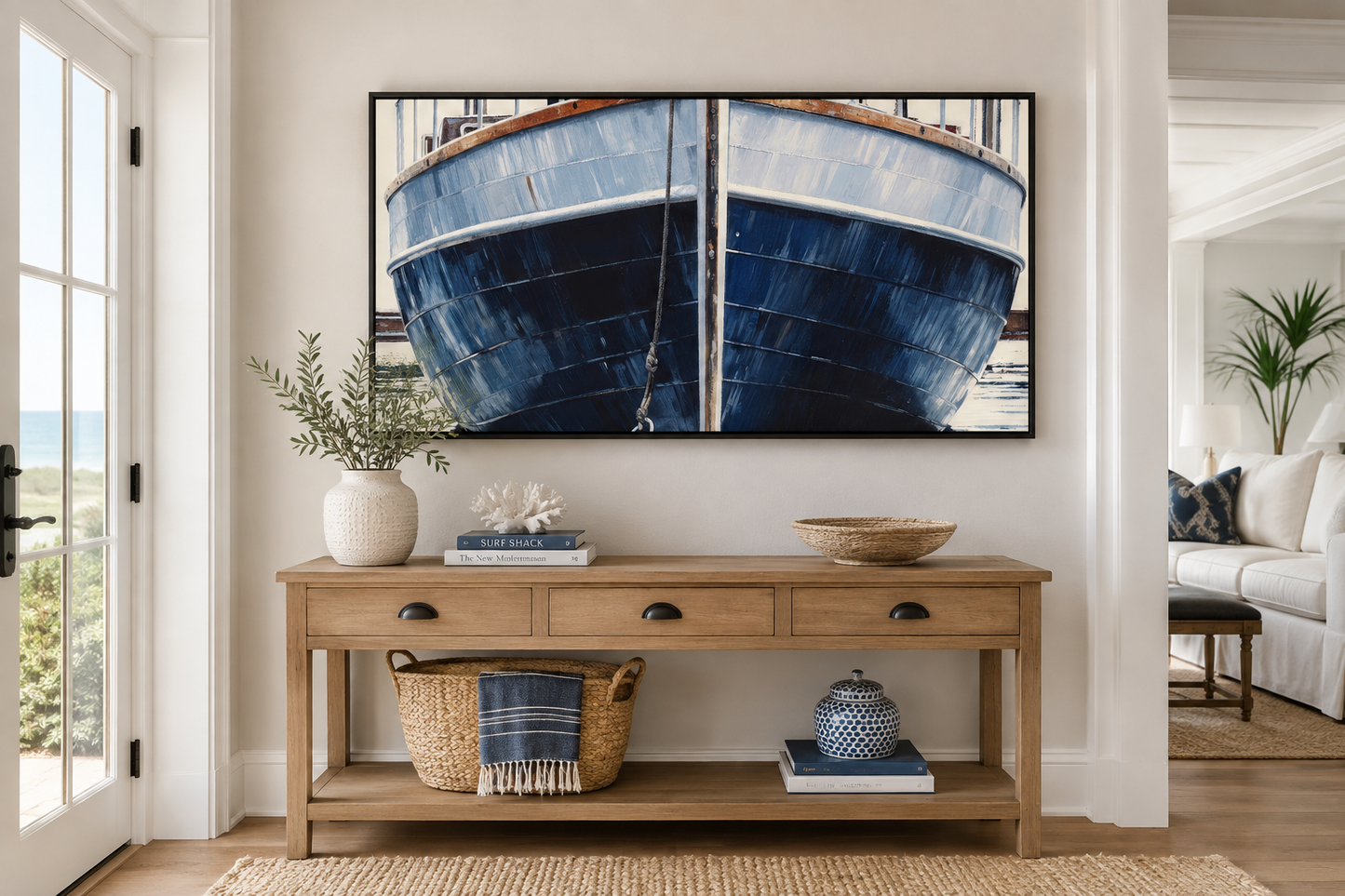 Navy Blue Rustic Boat Painting Nautical Framed Canvas Wall Art For Beach House