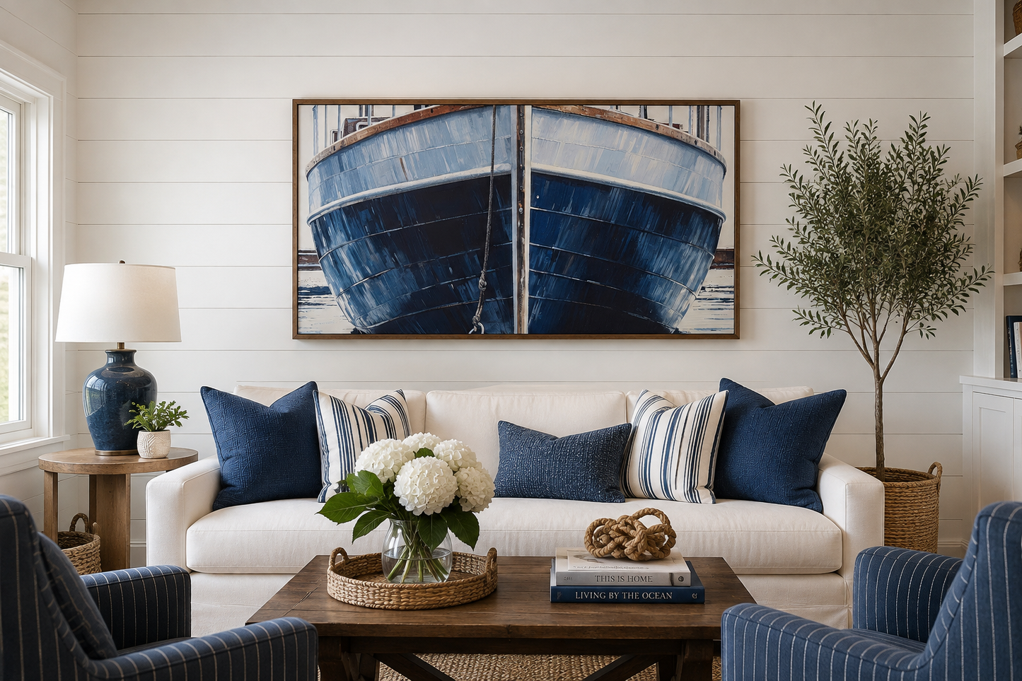 Navy Blue Rustic Boat Painting Nautical Framed Canvas Wall Art For Beach House