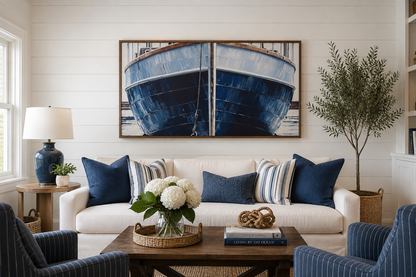 Navy Blue Rustic Boat Painting Nautical Framed Canvas Wall Art For Beach House