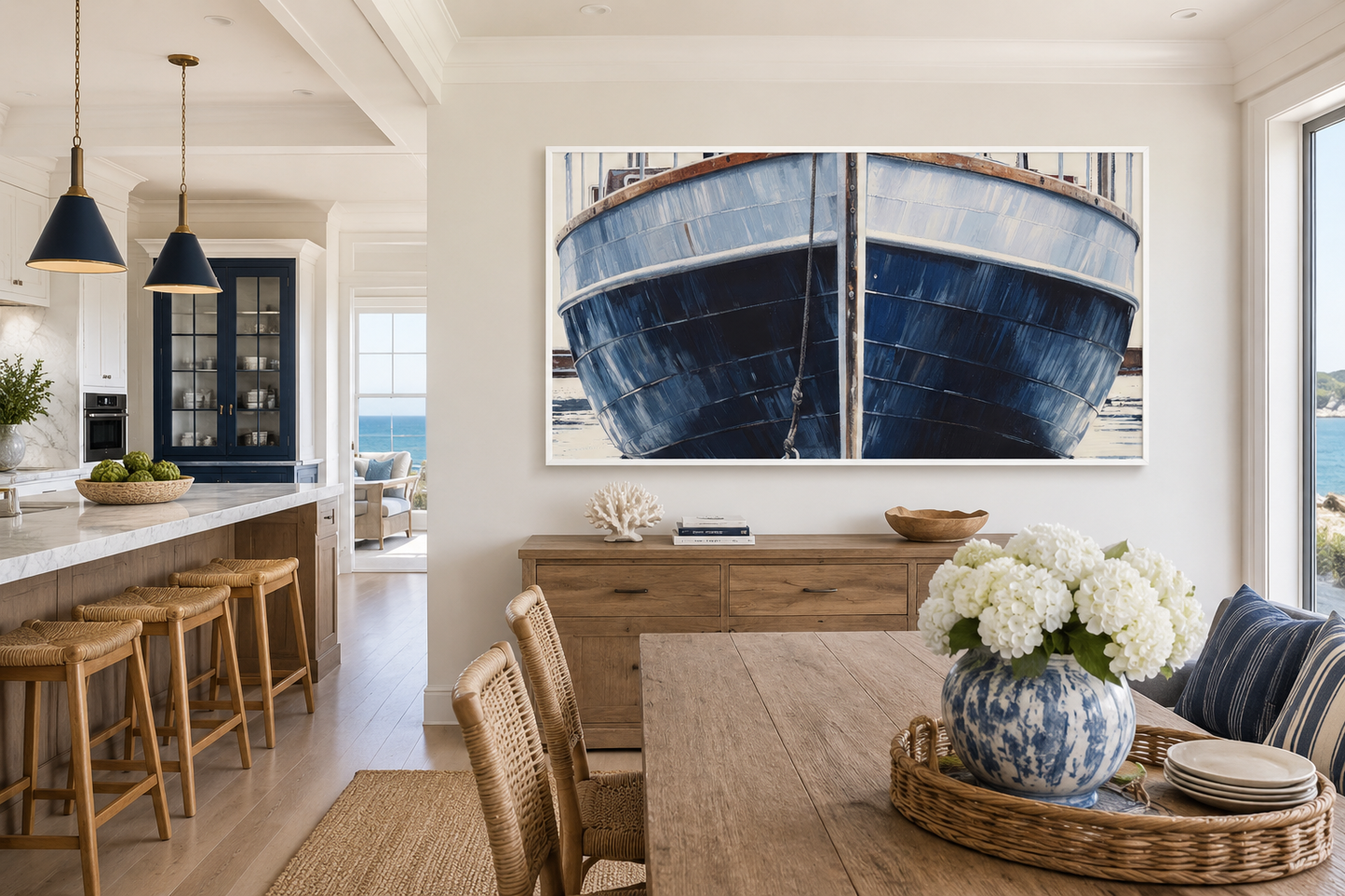 Navy Blue Rustic Boat Painting Nautical Framed Canvas Wall Art For Beach House
