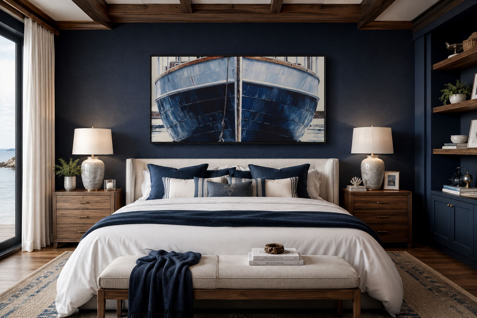 Navy Blue Rustic Boat Painting Nautical Framed Canvas Wall Art For Beach House