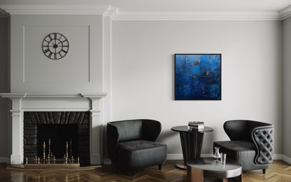 Navy Blue Abstract Geometric Weathered Square Framed Canvas Wall Art