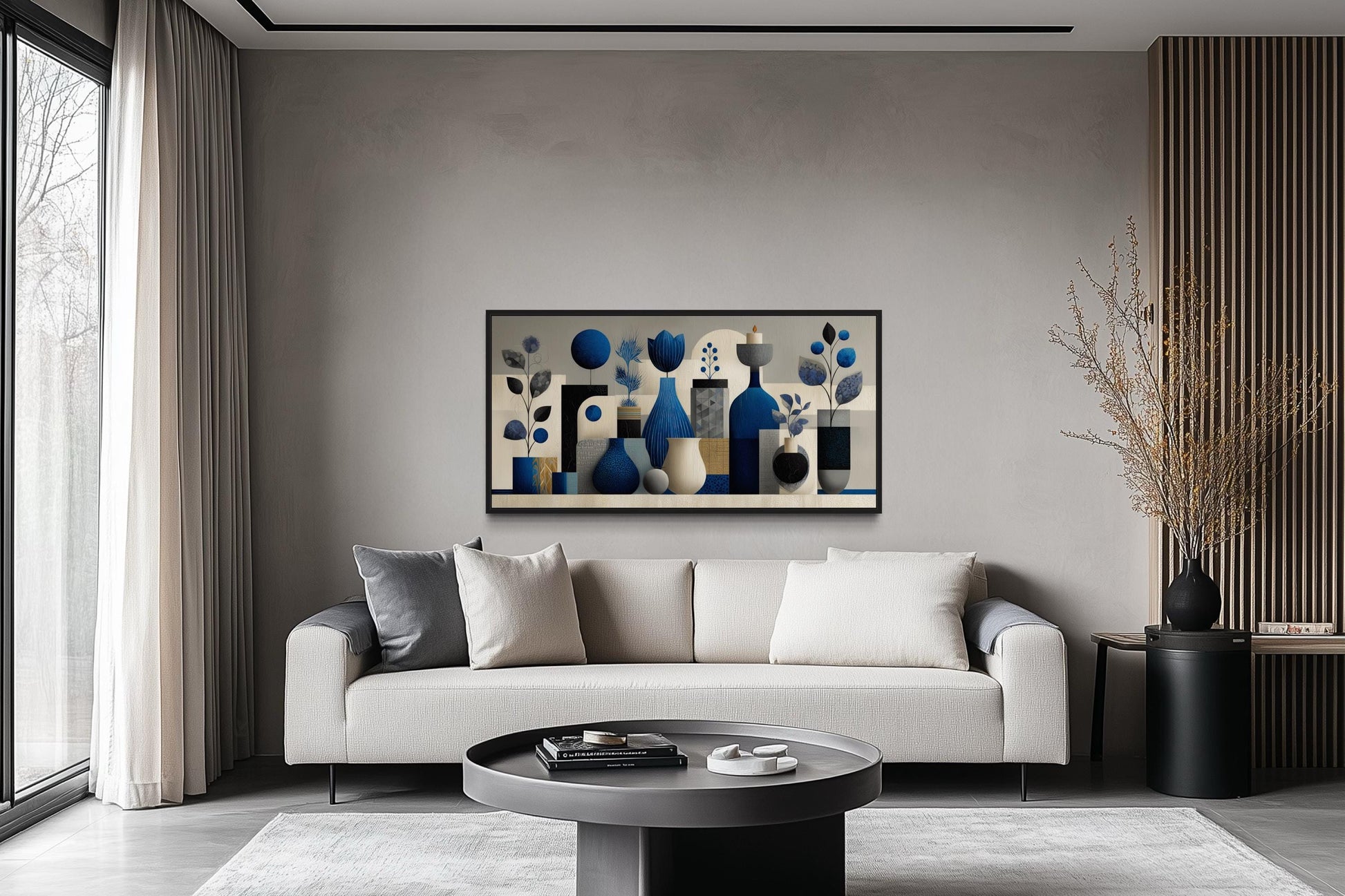 Navy Blue Beige Abstract Vases Framed Canvas Wall Art For Living Room