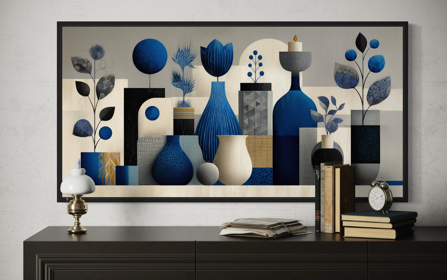 Navy Blue Beige Abstract Vases Framed Canvas Wall Art For Living Room
