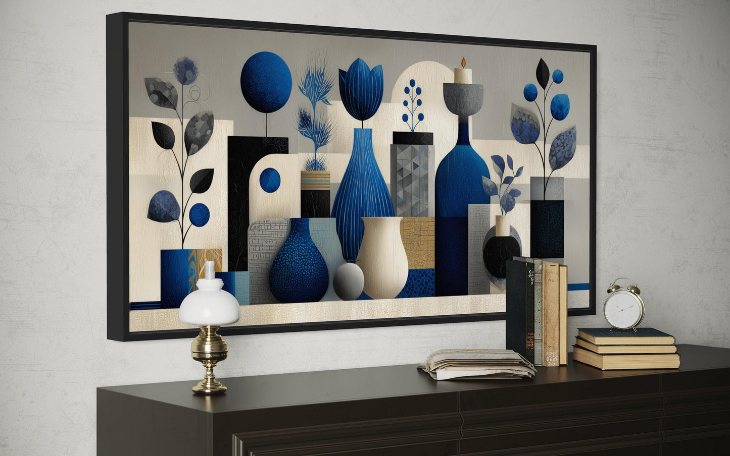 Navy Blue Beige Abstract Vases Framed Canvas Wall Art For Living Room
