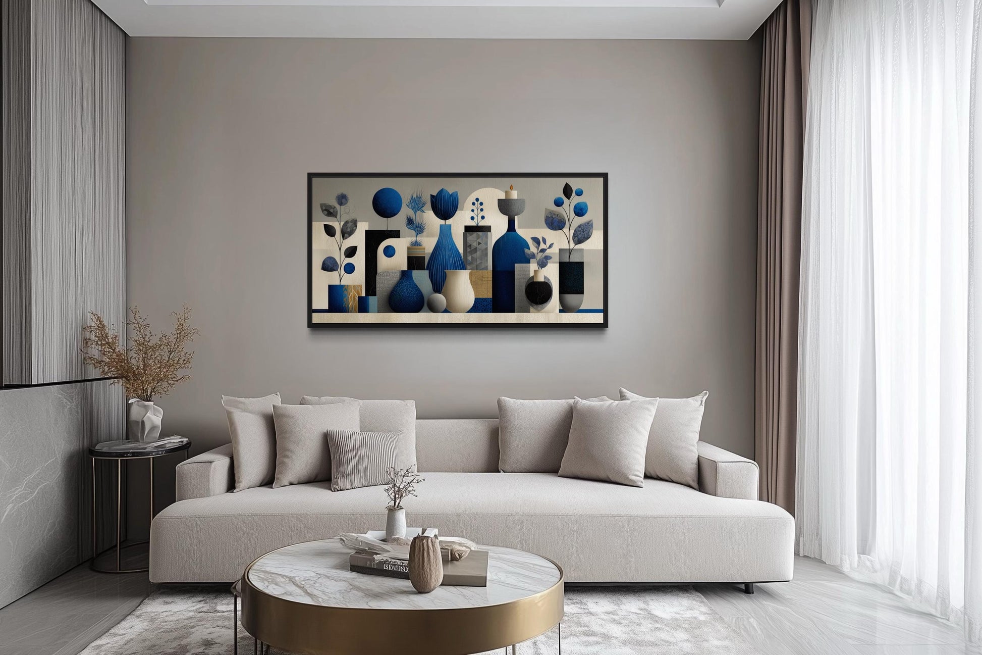 Navy Blue Beige Abstract Vases Framed Canvas Wall Art For Living Room