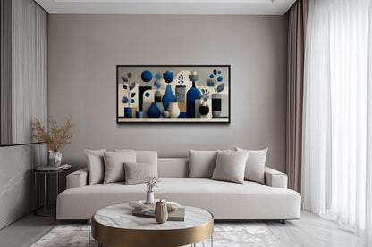 Navy Blue Beige Abstract Vases Framed Canvas Wall Art For Living Room