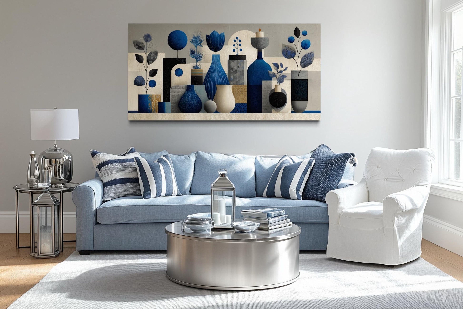 Navy Blue Beige Abstract Vases Framed Canvas Wall Art For Living Room