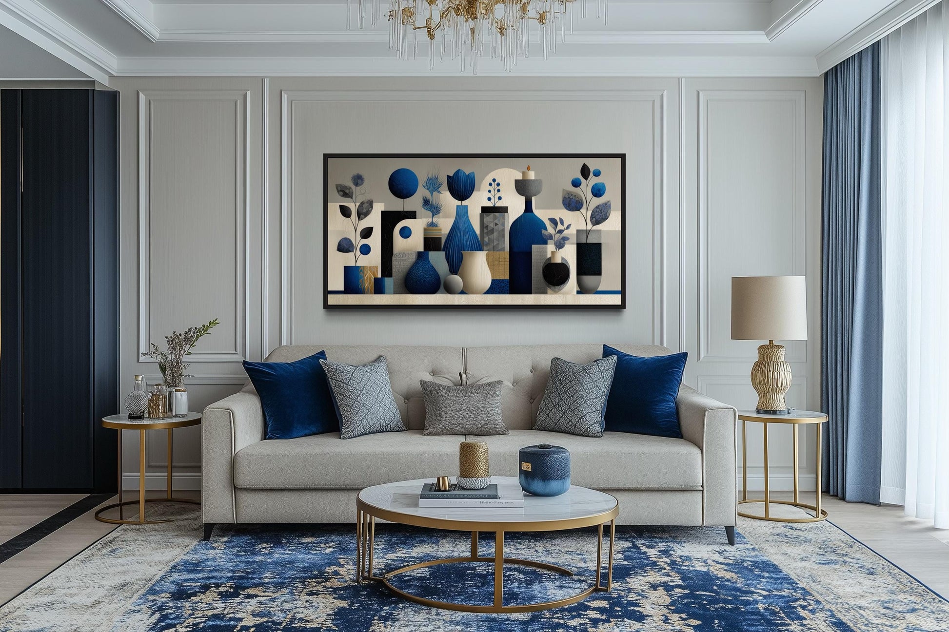 Navy Blue Beige Abstract Vases Framed Canvas Wall Art For Living Room