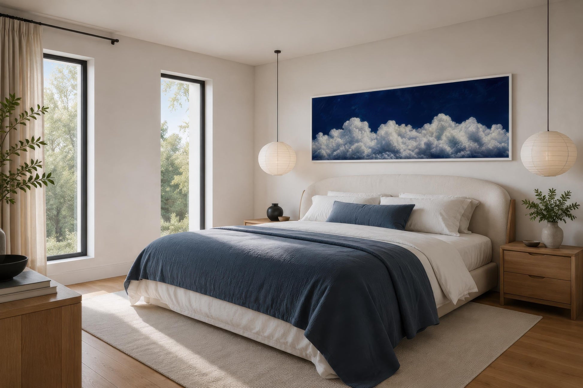 Navy Blue Cloud Wall Art - Long Narrow Bedroom Canvas Print