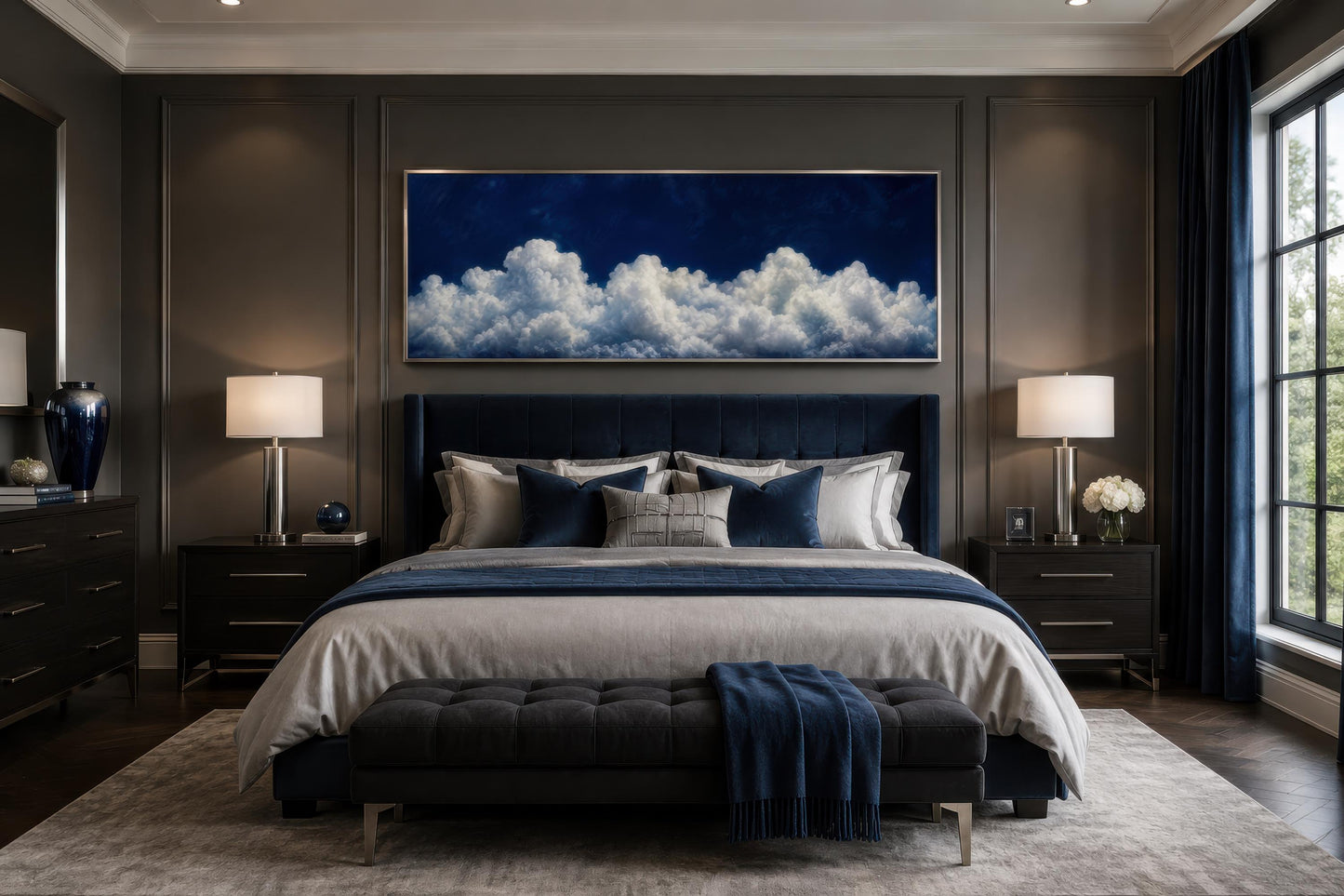 Navy Blue Cloud Wall Art - Long Narrow Bedroom Canvas Print