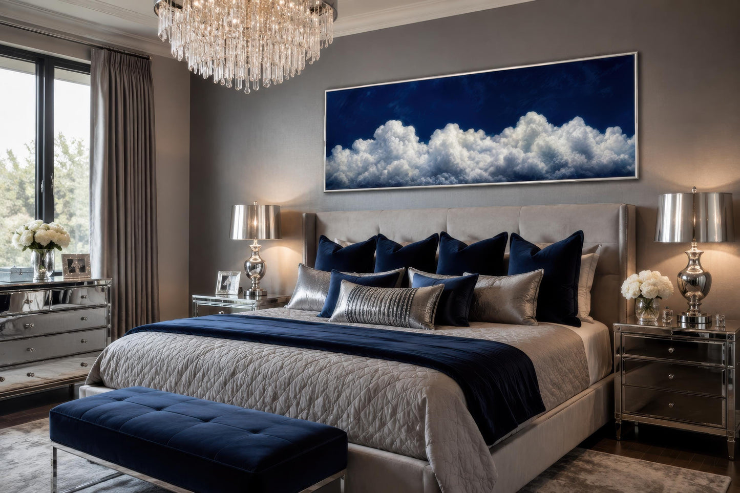 Navy Blue Cloud Wall Art - Long Narrow Bedroom Canvas Print