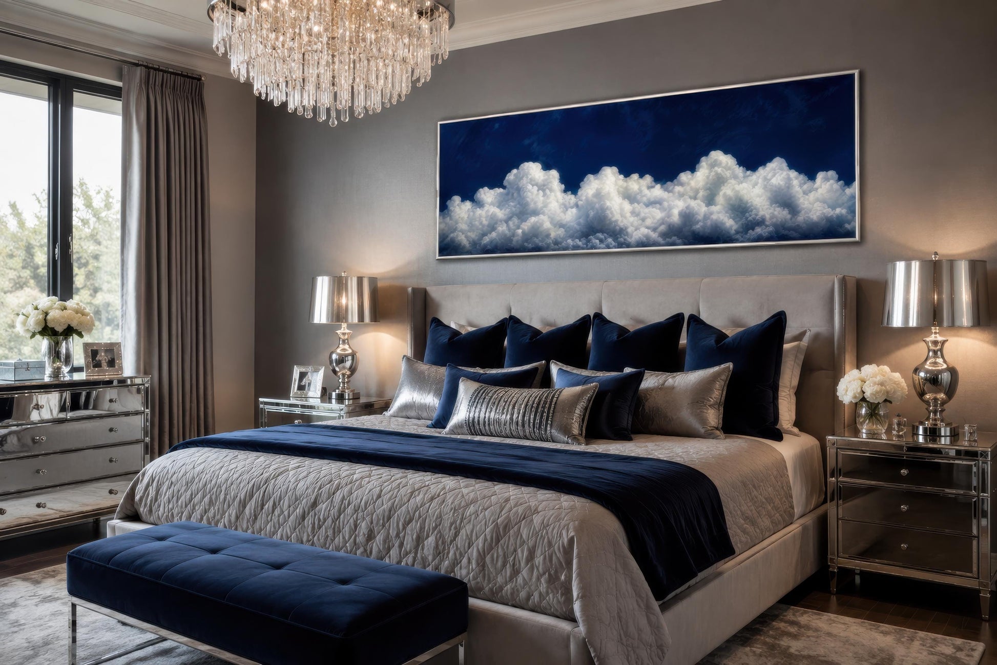 Navy Blue Cloud Wall Art - Long Narrow Bedroom Canvas Print