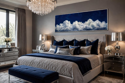 Navy Blue Cloud Wall Art - Long Narrow Bedroom Canvas Print