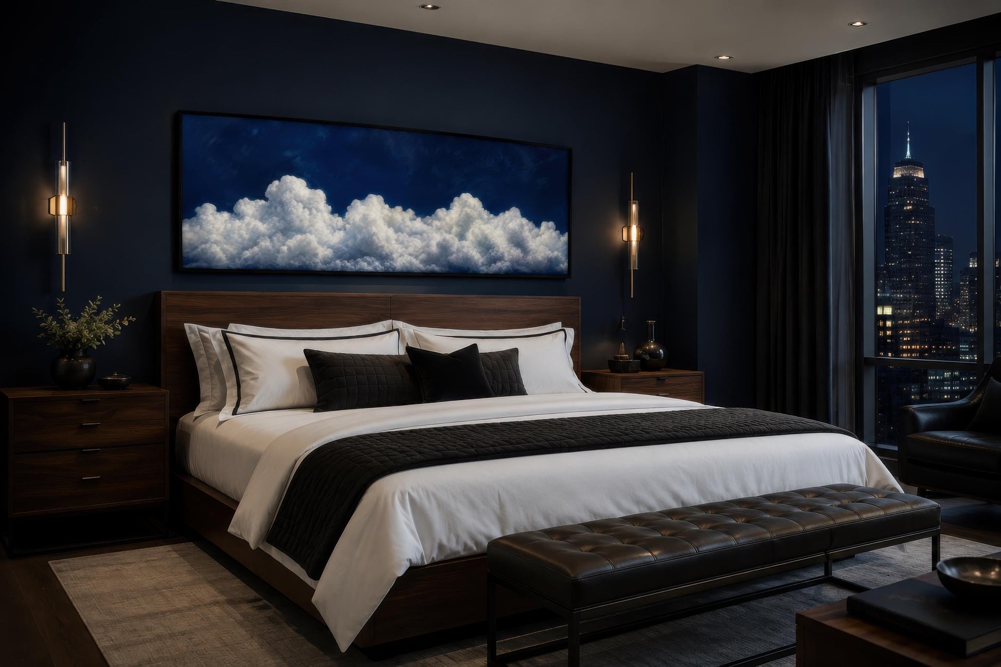 Navy Blue Cloud Wall Art - Long Narrow Bedroom Canvas Print