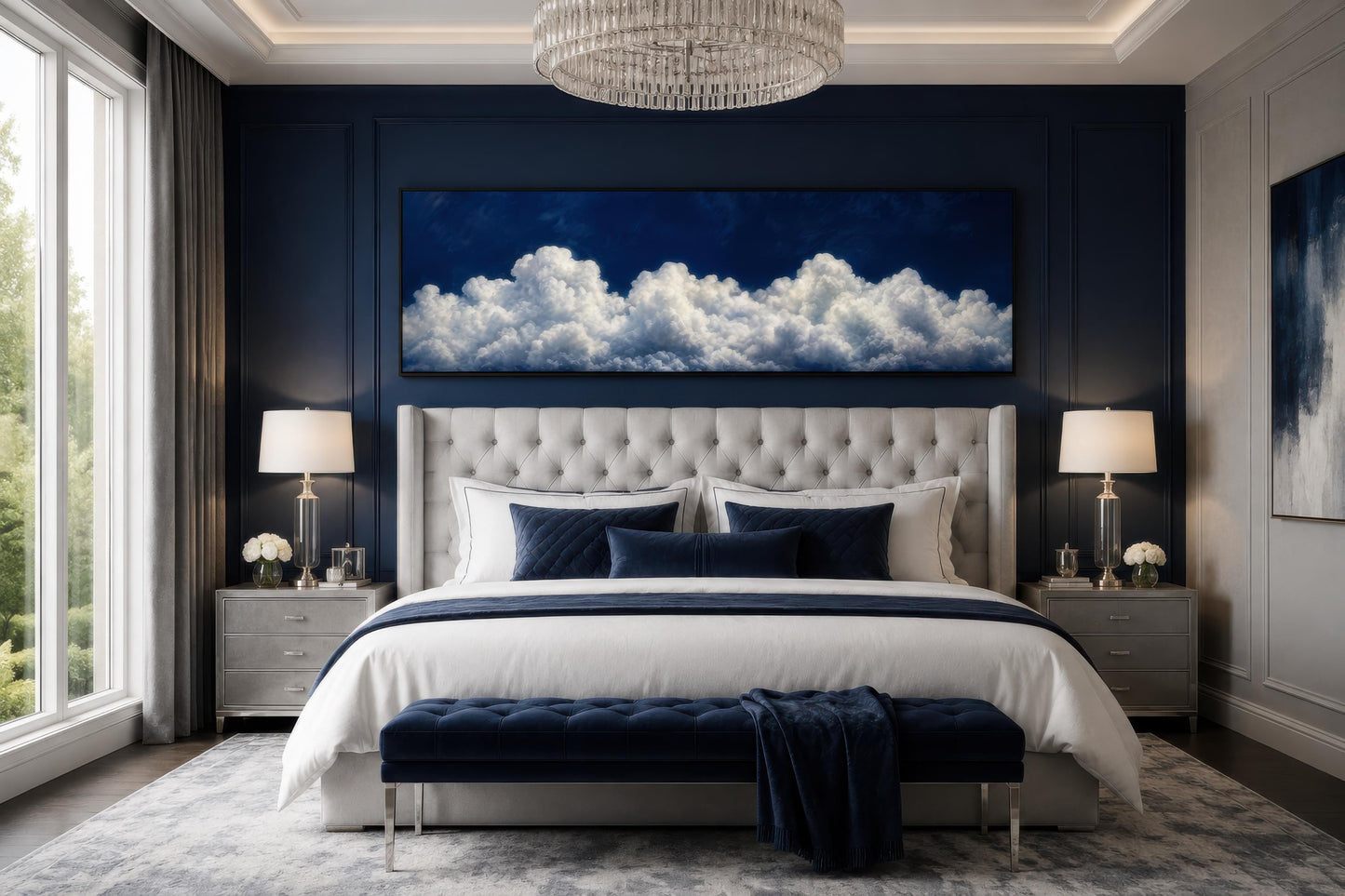 Navy Blue Cloud Wall Art - Long Narrow Bedroom Canvas Print