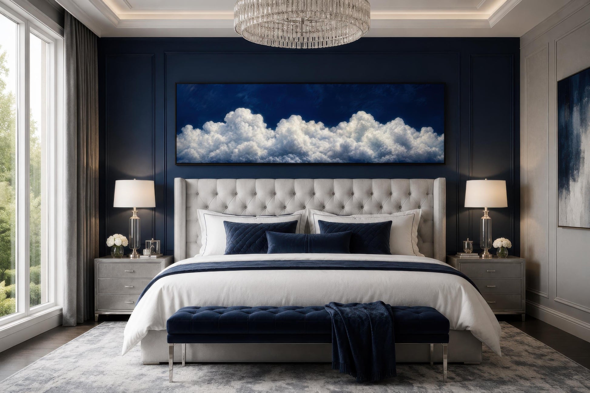 Navy Blue Cloud Wall Art - Long Narrow Bedroom Canvas Print
